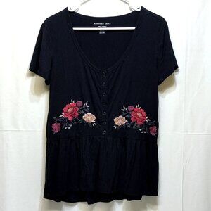 American Eagle Soft & Sexy Embroidered Floral Knit Top Medium Button Front Flowy